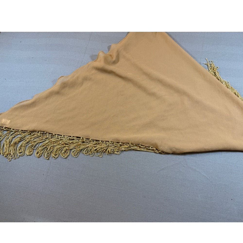 Cara NY Tan Triangular Fringe Beaded Shawl Scarf Wrap Boho Camel Polyester